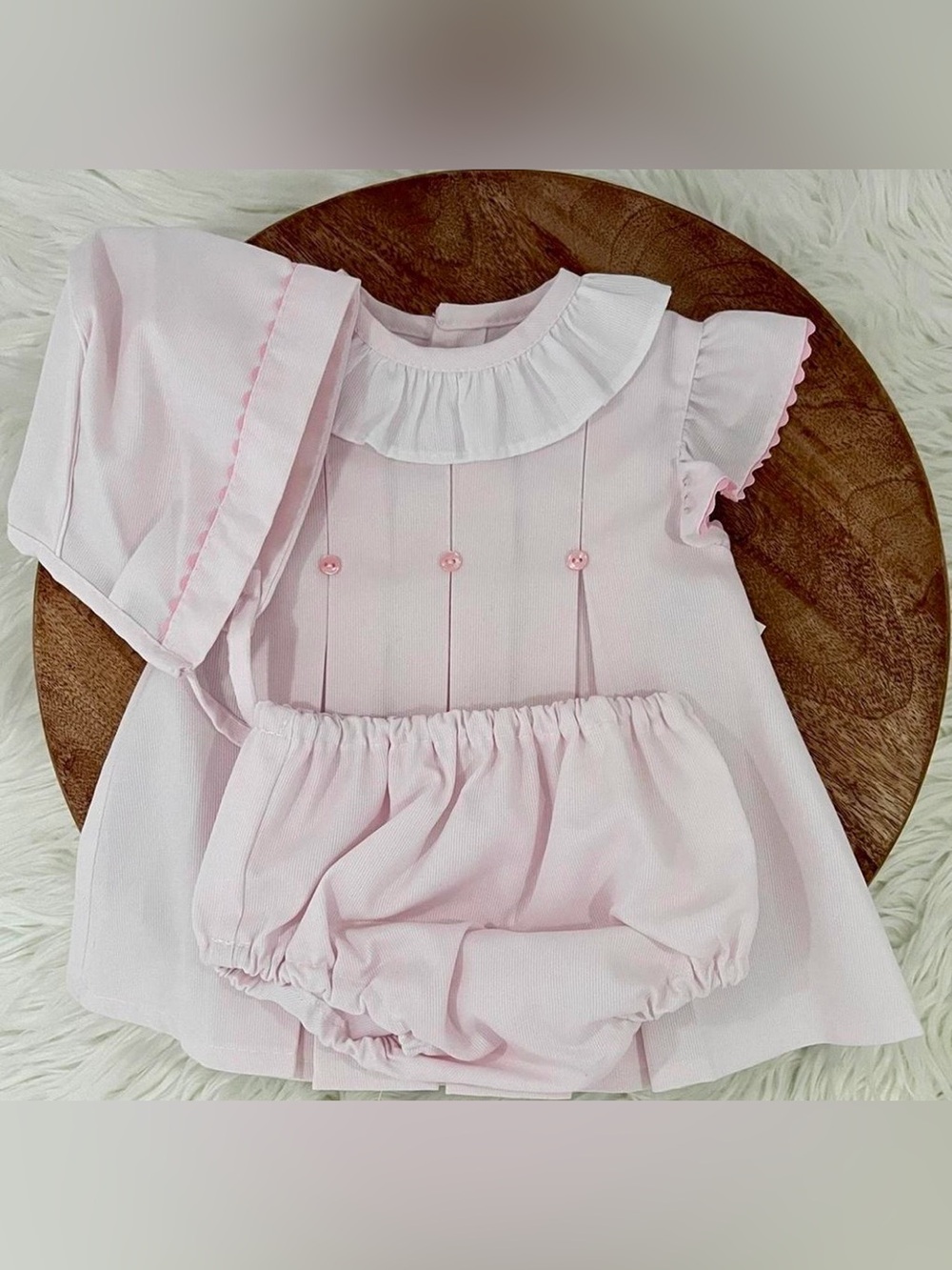 Classic Pink Baby 3 Dress Set with Ruffled Collar. 3 months
